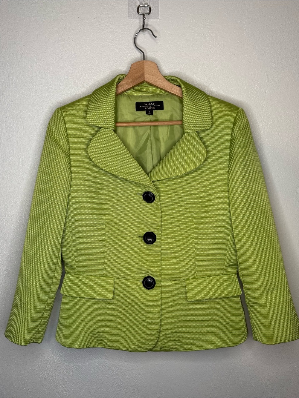 Tahari ASL Luxe Lime Green Textured Blazer Jacket Black Buttons Vintage Size 8